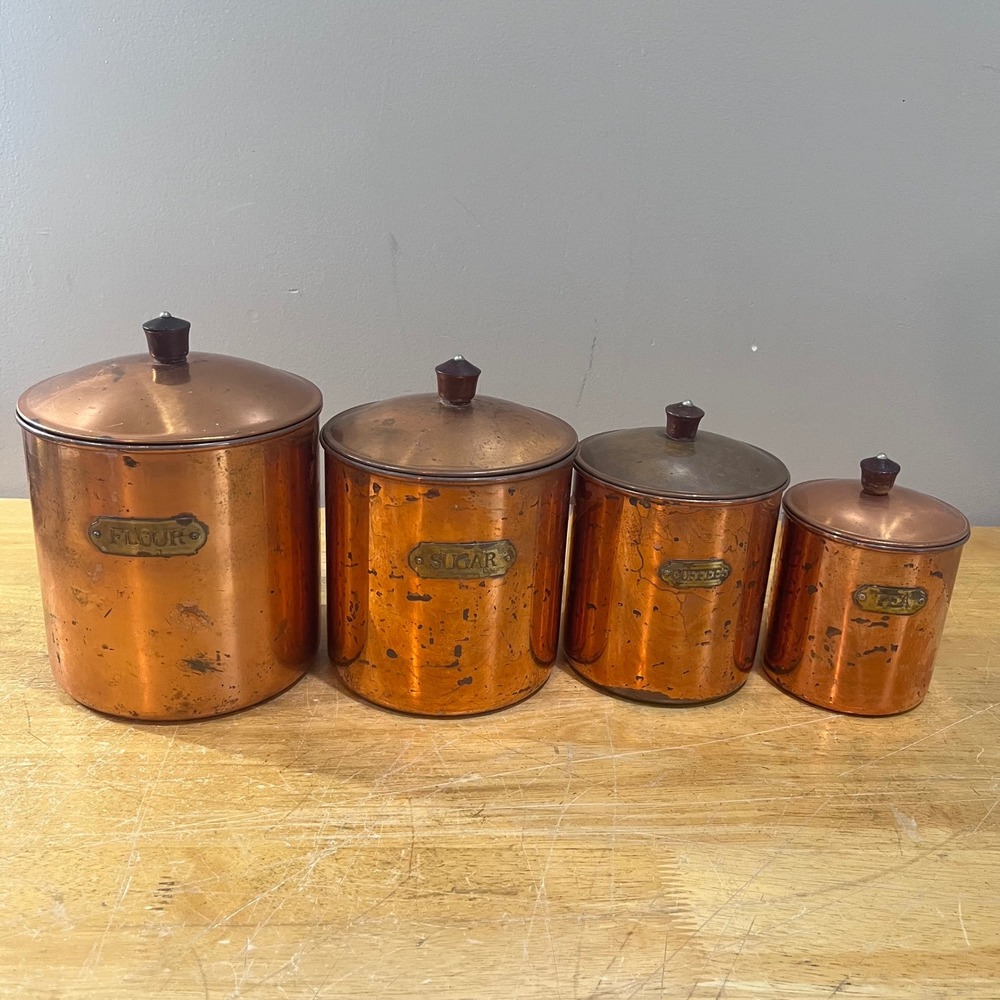 Vtg Revere Ware Copper 4 Nesting Kitchen Canisters MCM Farmhouse Flour Tea